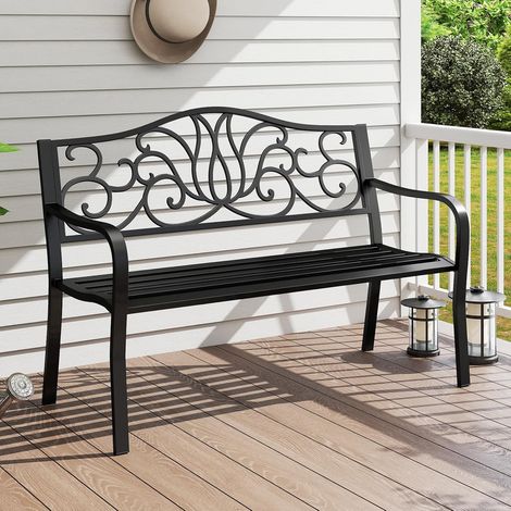 GOPLUS Banc Jardin Exterieur 2 Personnes, Banquette Jaridn en Metal Fonte avec Motif Floral, Dossier Incliné, Surface à Lattes, pour Jardin, Balcon, Charge 300KG, 127 x 61 x 89 CM (1/5)