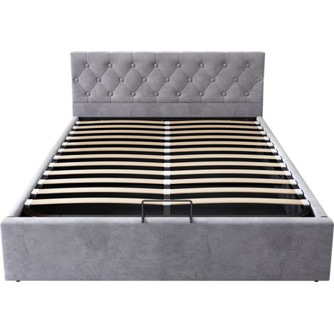 Cama canapé capitonada de terciopelo gris 140 x 200 cm con somier de láminas (1/5)