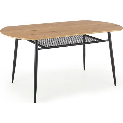 Table de salle à manger aspect chêne doré avec étagère en rotin et pieds en métal noir CEBREN (1/5)
