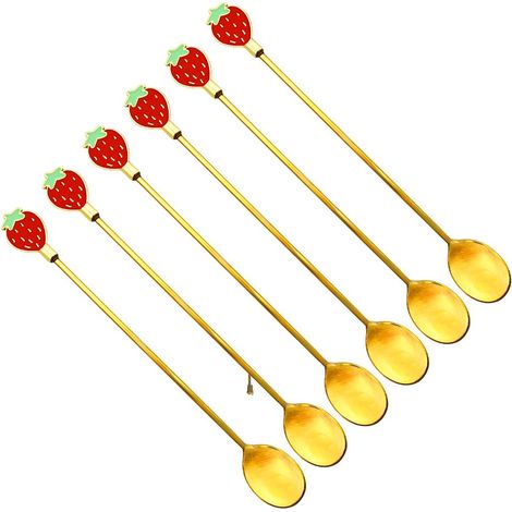 Lot de 6 Cuillères Longues Dorées Motif Fraise pour Thé et Dessert en Acier Inoxydable - 16,5 cm - PANGIVO (1/2)