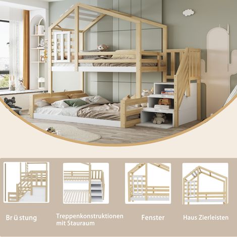 Lit mezzanine en bois de pin naturel 90x200 cm avec fenêtre, barrière de sécurité, échelle intégrée et tiroirs de rangement