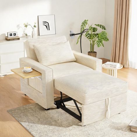 Canapé convertible 1 place en velours côtelé beige avec USB (1/5)