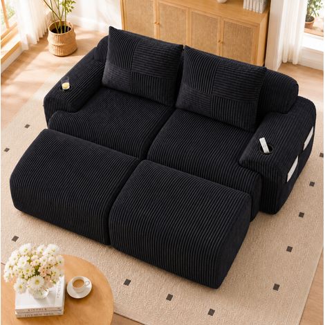 Canapé modulable 200/174/80 cm noir en velours côtelé avec porte-gobelet et poche (1/5)