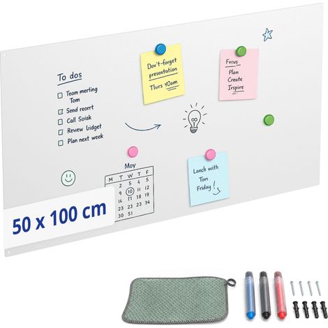 Relaxdays Magnettafel, Kreidetafel beschreibbar, Magnetwand inkl. 3 Stifte, 50x100, Memoboard Büro, Küche, Stahl, weiß (1/5)