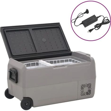 Caisse isotherme à roulettes avec adaptateur, noire et grise, 50 litres, fabriquée en PP et PE. (1/5)
