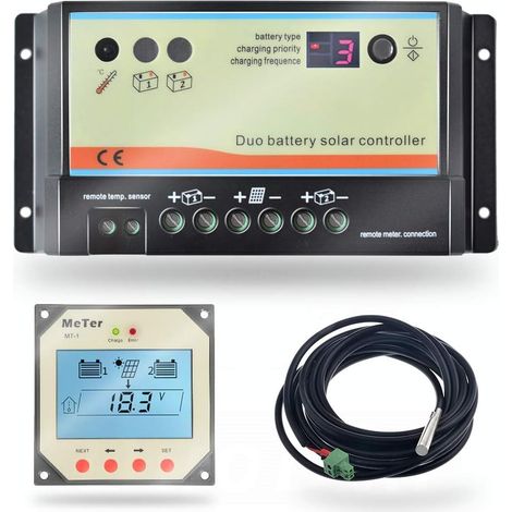 Contrôleur de charge double batterie PWM 20A, 12V / 24V automatique pour véhicules de loisirs, bateaux, caravanes, bus ou système solaire à deux batteries (DB 20A + MT1 + RTS) (1/5)