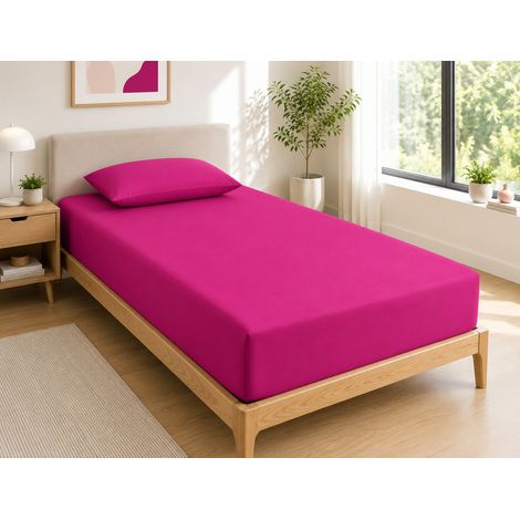 Drap Housse 90x190 cm 1 Place 100% Coton 57 Fils/cm² Bonnet 30 cm Magenta (1/4)