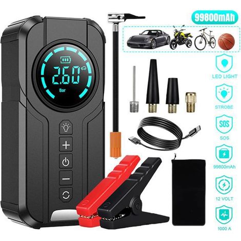 Booster batterie avec compresseur - WELAN - Portable - Jusqu'à 4L diesel/essence - 150 PSI - Lampe LED
