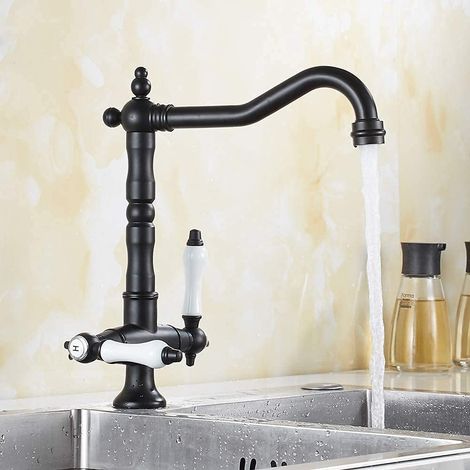 Robinet Mitigeur Cuisine Vintage Robinet de Lavabo Rétro 2 Poignées Réglable Chaude et Froide Rotatif 360° Noir (1/5)