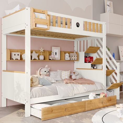 Letto a castello per bambini 90x200 cm in legno bianco e naturale con contenitore - FLORAGRACE (1/5)