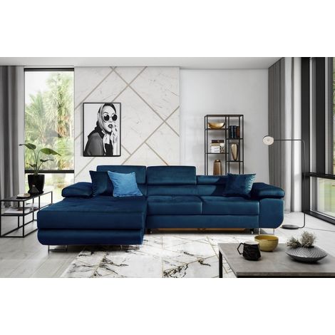 Canapé d'angle convertible ARMEL en tissu luxe 5 places, couleur bleu foncé, avec coffre, angle gauche (vu de face) (1/5)