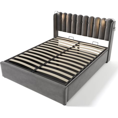 Letto matrimoniale capitonné grigio 140 x 200 con luce da lettura, USB e vano contenitore (1/5)