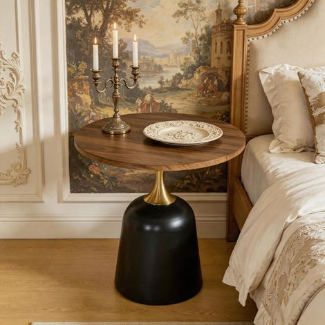 Table Basse de Salon - Ø60x58cm - Style Scandinave Chic avec Plateau Effet Bois de Noyer et Piètement en Métal - Noyer et Noir (1/5)