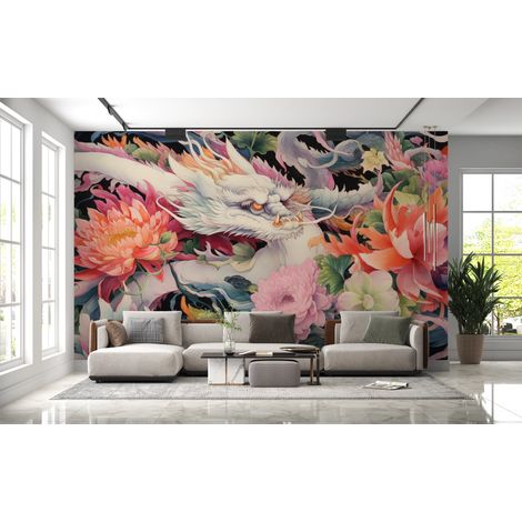 Papier peint animaux - dragon blanc au milieu de fleurs roses - 300 x 250 cm (1/2)