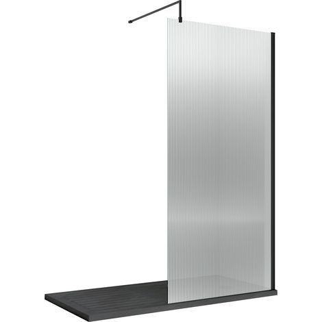 Balterley Shebdon 8mm Fluted Toughened Safety Glass Wetroom Screen with Support Bar: 1850mm x 800mm, Black