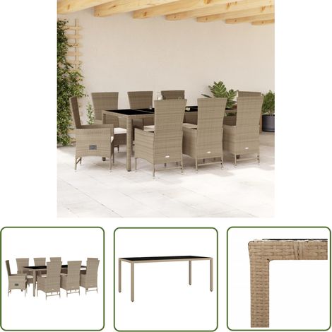 The Living Store Ensemble à manger de jardin et coussins 9 pcs beige Poly rotin - Salon De Jardin - Meuble De Jardin - Set De Salon De Jardin - Table De Jardin - Chaises De Jardin (1/5)