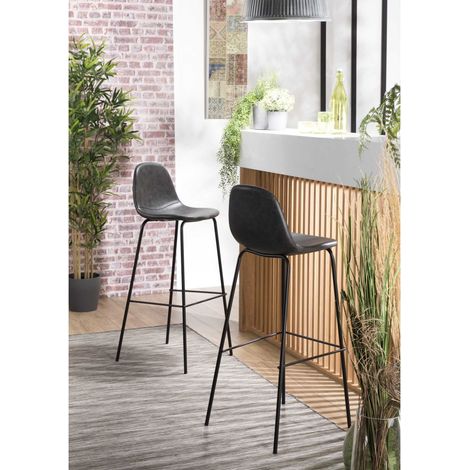 Macabane – Lot de 2 tabourets de bar John noir – Hauteur d'assise 80cm – Structure en métal – Assise en PU confortable – Dimensions 44,5 x 46 x 103 cm (1/5)