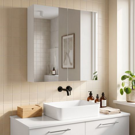 Meuble Rangement Salle de Bain avec Miroir, Armoire en Bois MDF, Porte à Fermeture Amortie, Étagère de Stockage pour Toilette, Finition Blanc, 1 Pièce (1/5)