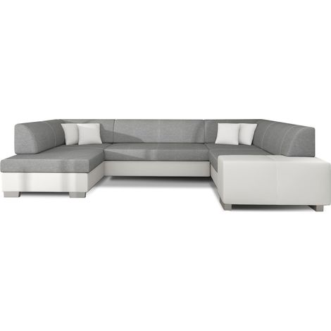 Canapé panoramique convertible HOUSTON en bi-matière avec coffre de rangement à gauche-Blanc/Gris-Coffre à gauche (1/5)