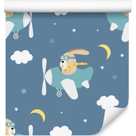 Papel pintado de conejos en aviones para salón y dormitorio, 50x1000 cm. (1/5)