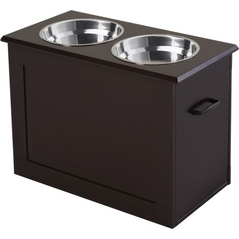 Ciotola per cani con vano portaoggetti, 2 ciotole, stazione di alimentazione, ciotola in acciaio inox, ciotola per gatti, MDF, acciaio inox, colore espresso, 60 x 30 x 41 cm, realizzata in loco. (1/5)