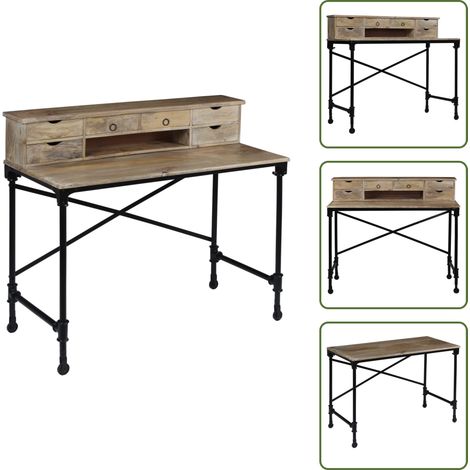 Schreibtisch Mangoholz Massiv und Stahl 110 x 50 x 96 cm - Mangoholz Schreibtisch - Vintage Schreibtisch - Industrieller Schreibtisch - Bürostuhl - Home Office (1/5)