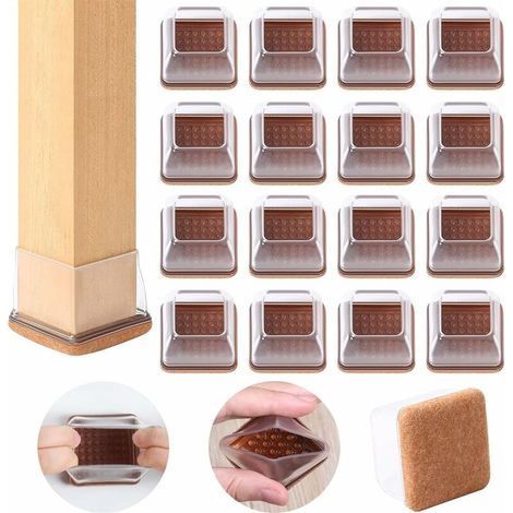 Lot de 16 patins de pieds carrés en silicone transparent, protections de sol avec feutre, pas de rayures ni de bruit (1/5)