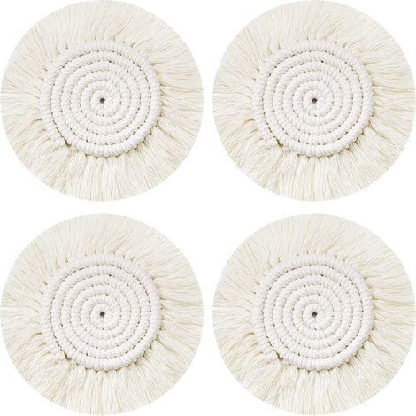 Dessous Verre Napperon Tissé Main, 4Pcs Ronds sous-Verres Tressé Coaster Macrame, Boho Tapis de Café Boisson Bière Tasse Table Antidérapant Résistantes à la Chaleur Décoration de Table (1/4)