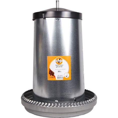 Chick'A – Nourrisseur à trémie émaillé 25 L – Métal galvanisé traité – Pour 17 poules – Débit réglable avec crémaillère