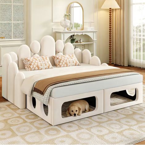 Letto multifunzionale 180x200 cm in velluto beige, modulabile con spazio per animali, FloraGrace (1/5)