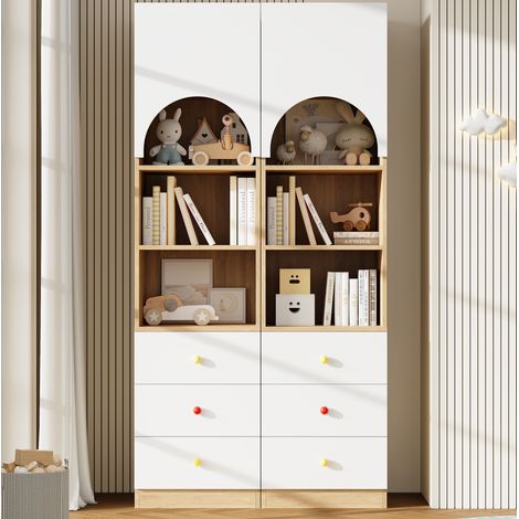 Set di 2 armadi contenitore 100x50x200 cm in MDF bianco effetto legno, 3 cassetti - MEUBLIV (1/5)