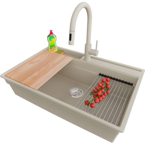 PRIMAGRAN Evier Cuisine en Granit 78x53cm,Lavabo 1 bac + Robinet 40x20cm + Kit de Vidage + Accessoires, Évier à Encastrer au meuble 80cm - Oslo Pocket, Beige (1/5)