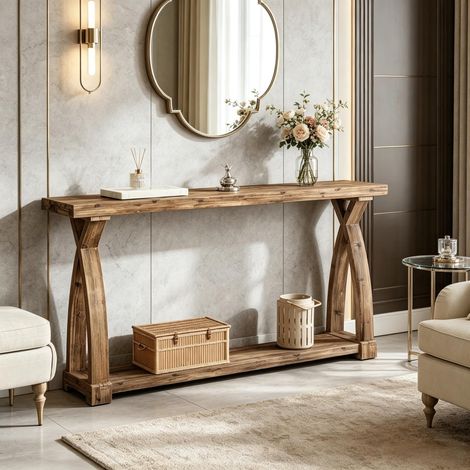 Table basse élégante, table d'entrée étroite, table de canapé, console avec piètement croisé original, table de couloir fonctionnelle (uniquement avec la console) (1/5)