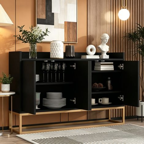 JOOKGBD-Credenza,Mobile da Cucina con 4 Ante,Mobile da Giorno,Comò,Mobile TV,Credenza Bassa Mobili da Giorno,per Cucina,Corridoio,Soggiorno,Nero
