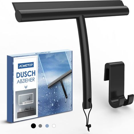 Raclette de Douche Noire avec Support sans perçage - 23,5 cm - Raclette de Douche en Silicone pour Douche, Salle de Bain, Miroir, Nettoyage du Verre, sans Traces (1/5)