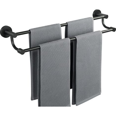Porte Serviette Mural Noir 61.6 CM, Support Serviette Salle de Bain en Acier Inoxydable 304, Double Barre pour Séchage Rapide, Fixation Invisible, Porte Torchon pour Cuisine, Balcon, Buanderie (1/5)