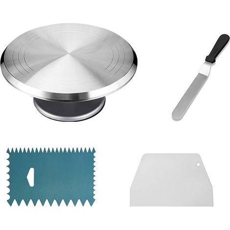 Ensemble présentoir à gâteaux - Présentoir à gâteaux rotatif - Plateau à gâteaux - Ensemble racloir et couteau - Outils de décoration de gâteaux - Base en aluminium/ABS - Argent (1/5)