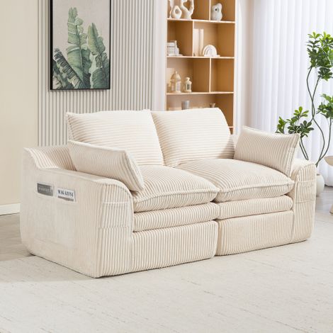 Modulares 2-Sitzer Cordsofa – mit Kissen und zwei verschieden großen Seitentaschen, 3‑lagiger Schaumstoff + Federkern für schnelle Rückfederung. Ideal für Wohnzimmer, Büro und mehr.Beige
