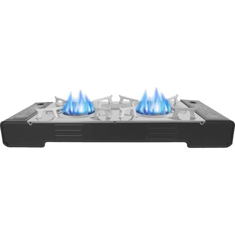 Réchaud à gaz, 2 bruleurs, plaque de grill portable, noir (1/2)