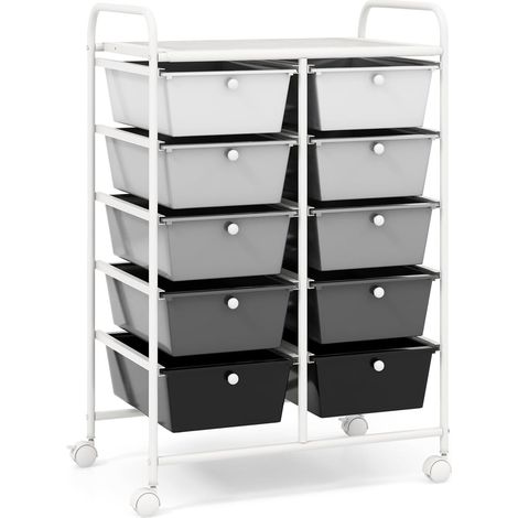 COSTWAY Chariot de Rangement 10 Tiroirs en PP, Tour de Rangement, Cadre en Métal, Desserte Meuble Tiroir pour École, Salle de Bain, Maquillage, Cuisine, Noir+blanc (1/5)