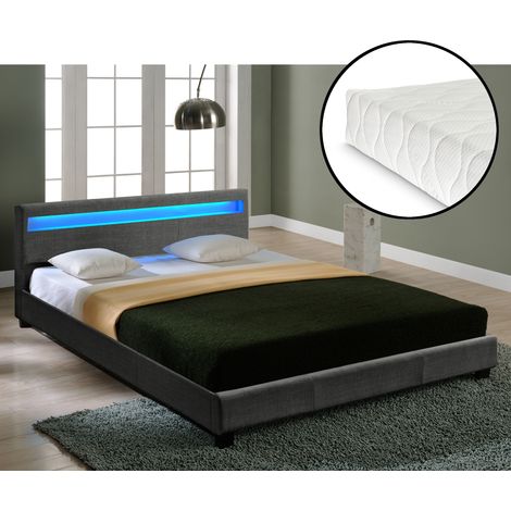 Letto Francese a Testiera Alta con Illuminazione a LED e Materasso 140x200 cm Tessuto Grigio Scuro Corium (1/5)