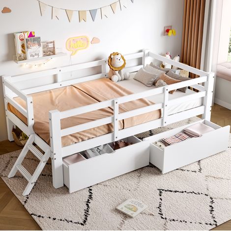Letto a piattaforma bambini 90x200 cm in MDF e pino bianco con cassetti e barriera - CHICFURN (1/5)
