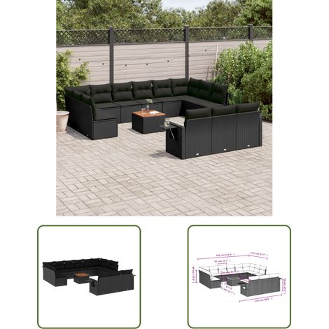 The Living Store Salon de jardin avec coussins 14 pcs noir résine tressée - Ensemble Salon De Jardin - Meuble Extérieur - Résine Tressée - Rotin Synthétique - Mobilier De Jardin (1/3)