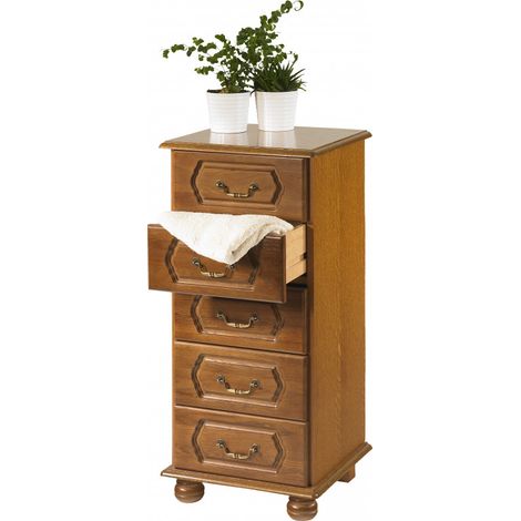 Beaux Meubles Pas Chers – Chiffonnier en chêne rustique 5 tiroirs – Dimensions L 44.2 H 93.7 P 41 cm – Structure plaquée chêne massif – Fabrication française (1/3)