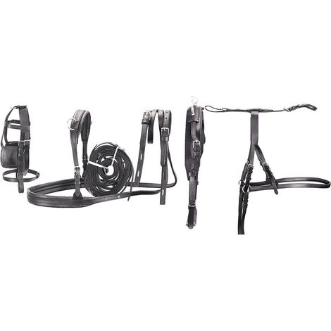 Harnais complet en cuir pour attelage de poney – Tête de lit, rênes, plastron, selle avec sotopancia – Taille poney, couleur noir – Amahorse
