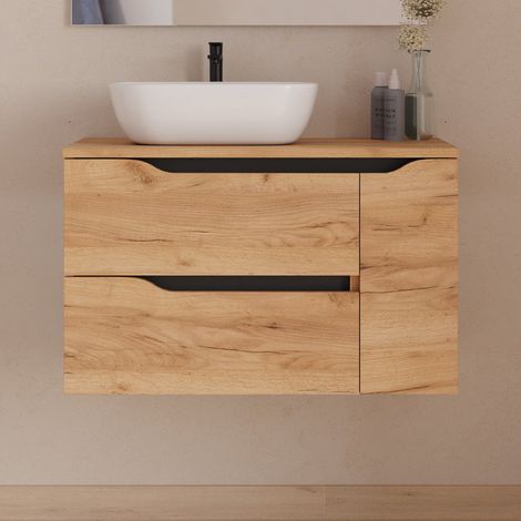 Meuble de salle de bain 80cm avec plateau et vasque à poser déportée à gauche Zeus - sans miroir - 2 tiroirs et un placard - roble (chêne clair) - ZARZA