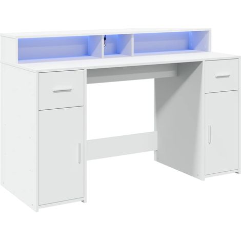 Escritorio de ordenador puesto de trabajo mesa de estudio con iluminación LED 140 x 55 x 91 cm madera de ingeniería blanca 020023406 (1/5)