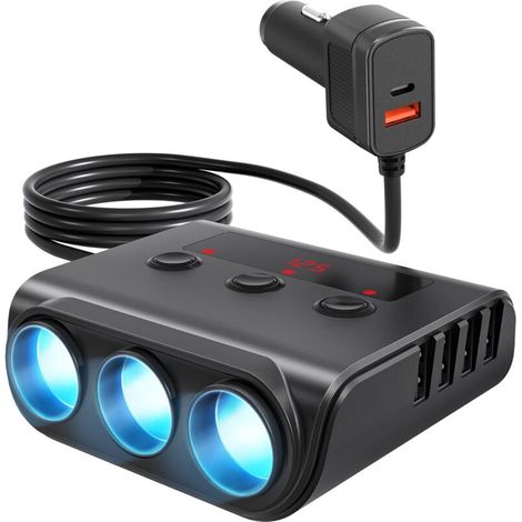 Caricabatterie da auto 9 in 1 da 12 V/24 V con 3 prese, caricabatterie da auto da 180 W USB-C/QC 3.0/Type-C, con voltmetro a LED e interruttore di alimentazione per tablet, telefoni, dispositivi GPS e