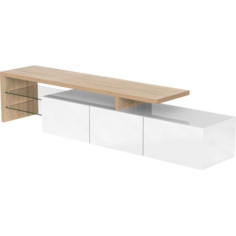 Mobile TV moderno 197,5 cm bianco effetto legno con ripiani in vetro e LED (1/5)