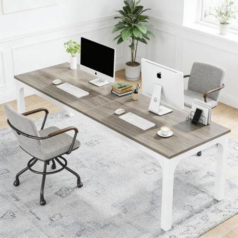 Bureau Droit pour 2 Personnes, Structure Métal et Bois, Pieds Réglables, 200 × 70 × 75 cm, pour Bureau (1/4)